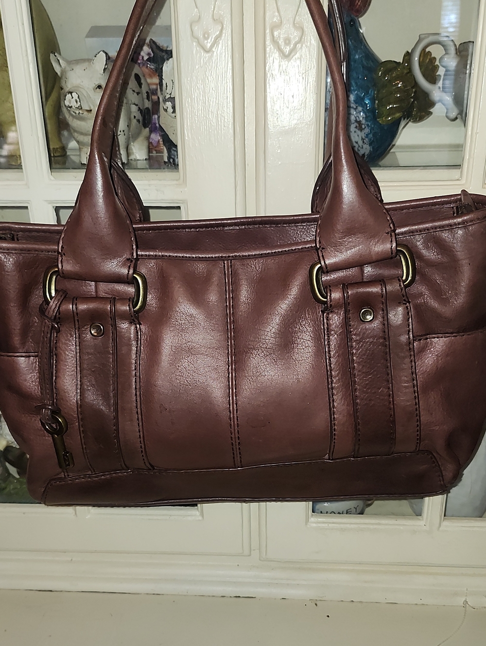 Fossil Dark Brown Leather Satchel with Brass-Tone Accents